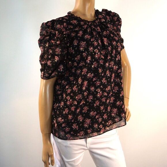 1. STATE Womens Multicolore Floral Top Pouf Sleeve Ruffled Neckline Size L - Picture 4 of 10